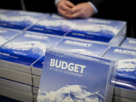 Copies of President Obama's budget sit on a table in the Senate Budget Committee room