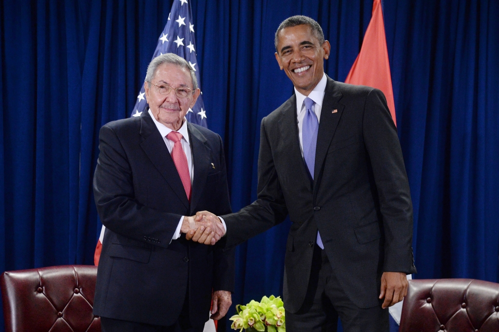 President Barack Obama and President Raul Castro of Cuba shake hands during a bilateral meeting at the United Nations Headquarters on Sept. 29 2015 in New York City