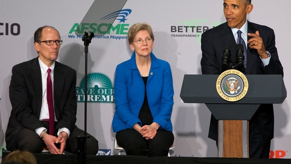 President Obama with Sen. Elizabeth Warren and DOL Secretary Thomas Perez