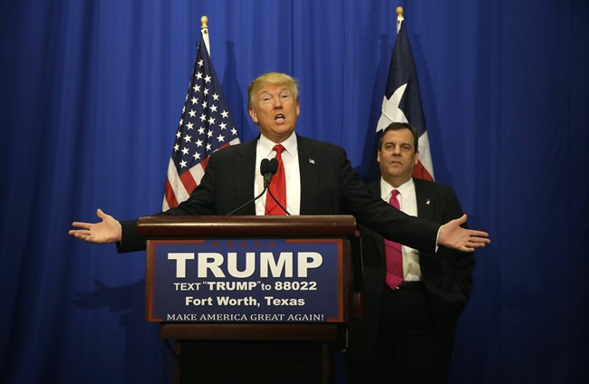 Republican presidential candidate Donald Trump accompanied by New Jersey Gov. Chris Christie speaks before a rally in Fort Worth Texas Friday Feb. 26 2016