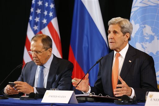 U.S. Secretary of State John Kerry right and Russian Foreign Minister Sergey Lavrov attend a news conference after the International Syria Support Group meeting in Munich Germany Friday Feb. 12 2016. Talks aimed at narrowing differences over