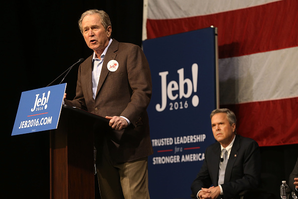 NORTH CHARLESTON SC- FEBRUARY 15 Former President George W. Bush speaks in support of his brother Republican presidential candidate Jeb Bush,at a campaign rally