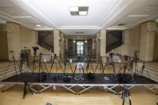 Tripods of TV reporters are set up at the UN building after Syria talks were rescheduled at the European headquarters of the United Nations in Geneva Switzerland Monday Feb. 1 2016. A spokeswoman for U.N. envoy Staffan de Mistura says indirect talks