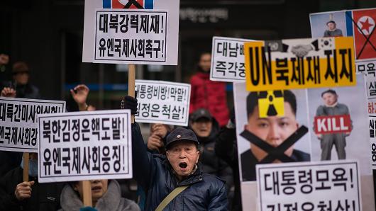 Anti-North Korea activists at a protest in Seoul