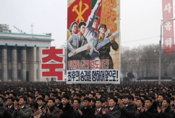 North Koreans gathe r at the Kim Il Sung Square in Pyongyang to celebrate a rocket launch that has draw international condemnation. JON CHOL JIN  Associated Press