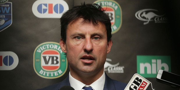 Coach Laurie Daley talks to media during the New South Wales Blues State of Origin team announcement