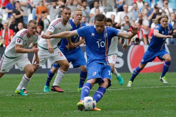 Gylfi Sigurdsson scores to put Iceland in front against Hungary at Euro 2016