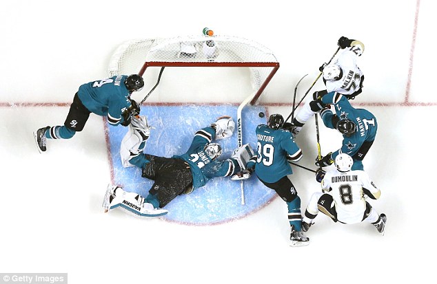 Martin Jones makes a save against the Pittsburgh Penguins in Game Six of the 2016 NHL Stanley Cup Final