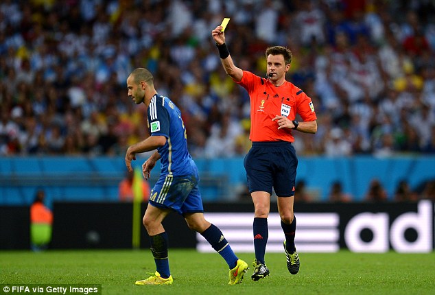 Nicola Rizzoli here booking Javier Mascherano in the 2014 World Cup final will referee England vs Russia