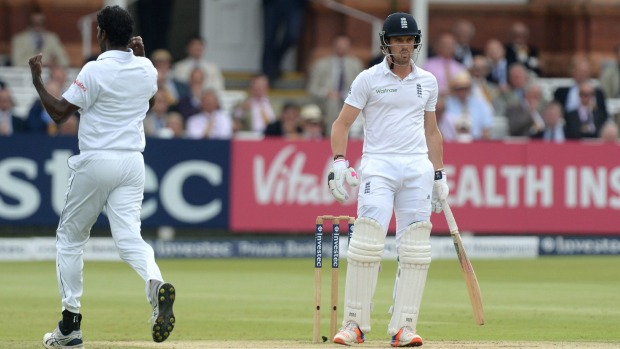 That's out England's Nick Compton reacts after Sri Lanka's Shaminda Eranga takes his wicket for 19 during day three