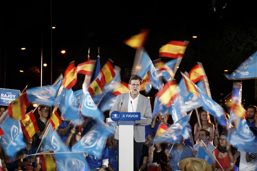 APTOPIX Spain Election Spain's acting Prime Minister and Popular Party candidate Mariano Rajoy gives a speech during the campaign closing rally in Madrid on Friday