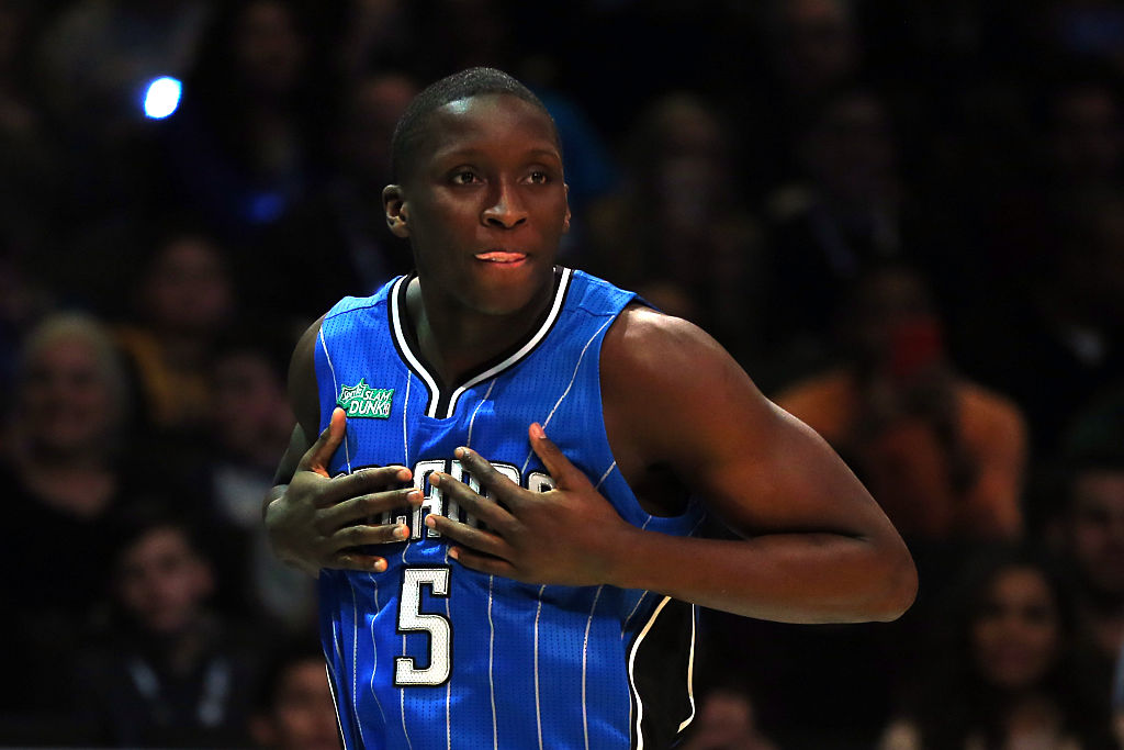 NEW YORK NY- FEBRUARY 14 Victor Oladipo #5 of the Orlando Magic reacts during the Sprite Slam Dunk Contest as part of the 2015 NBA Allstar Weekend at Barclays Center