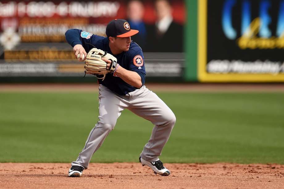 CLEARWATER FL- MARCH 03 Alex Bregman #82 of the Houston Astros participates in warmups prior to a spring training game against the Philadelphia Phillies at Bright House Field