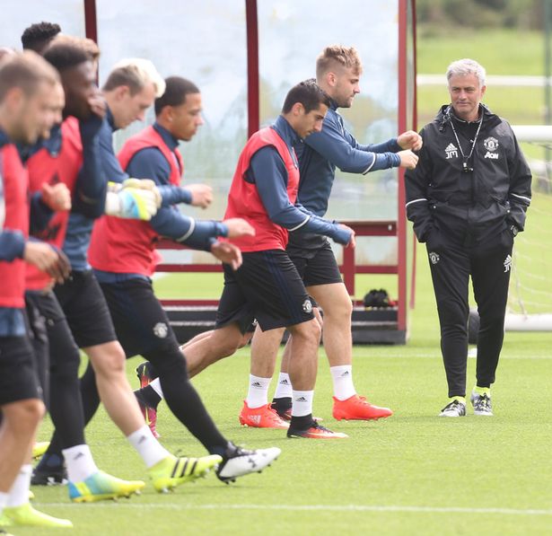 Manager Jose Mourinho of Manchester United in action during a first team training session at Aon Training Complex