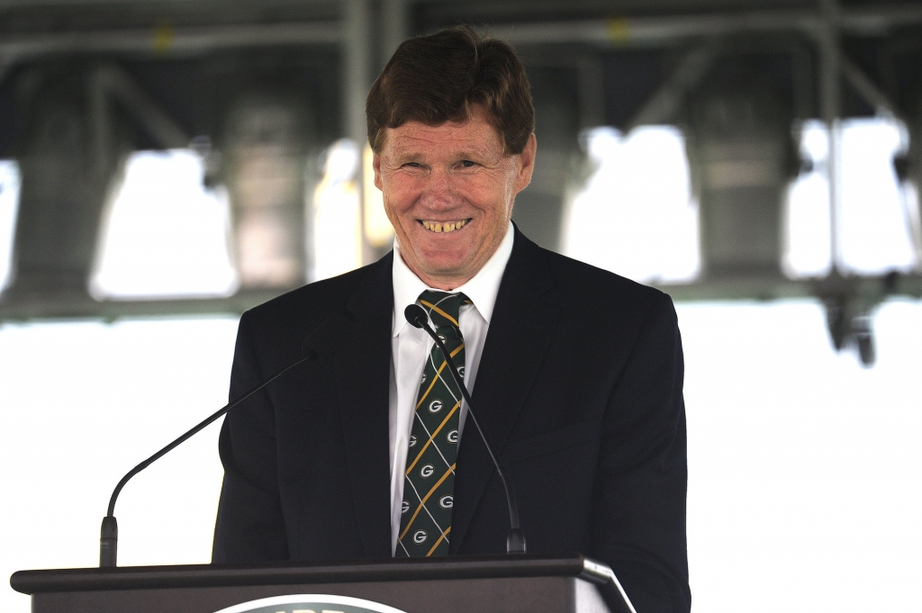 Green Bay Packers president Mark Murphy speaks during the annual shareholders meeting at Lambeau Field on Thursday