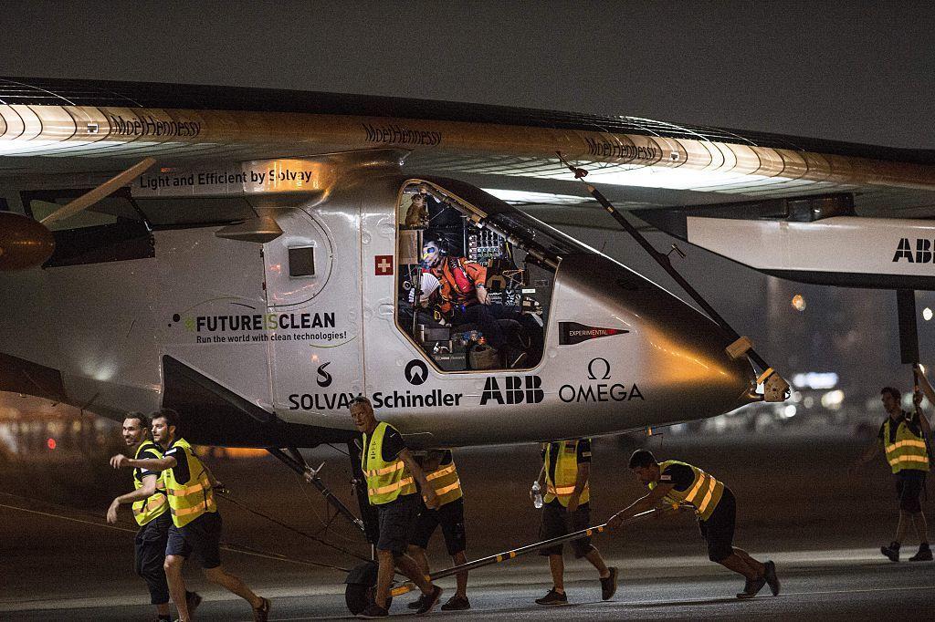 The Solar-powered Solar Impulse 2 aircraft prepares to take off from the Cairo International Airport in the Egyptian capital on Sunday as it heads to Abu Dhabi on the final leg of its world tour