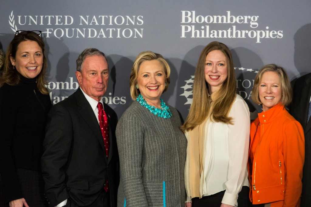 Former Mayor of New York City Michael Bloomberg Former Secretary of State Hillary Clinton Chelsea Clinton and United Nations Foundation President and CEO Kathy Calvin pose for