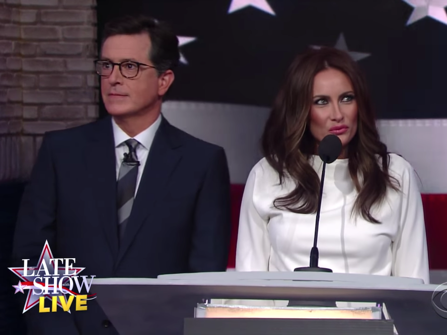 Stephen Colbert with Laura Benanti playing Melania Trump on CBS's'The Late Show.   'The Late Show with Stephen Colbert'/CBS  YouTube