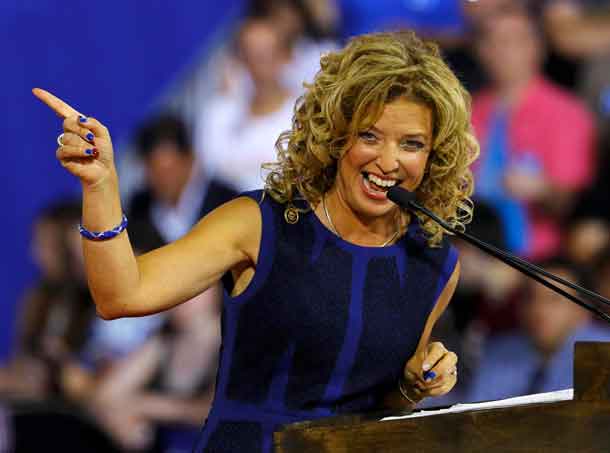 Democratic National Committee Chairwoman Debbie Wasserman Schultz speaks at a rally before the arrival of Democratic U.S. presidential candidate Hillary Clinton and her vice presidential running mate U.S. Senator Tim Kaine in Miami Florida U.S