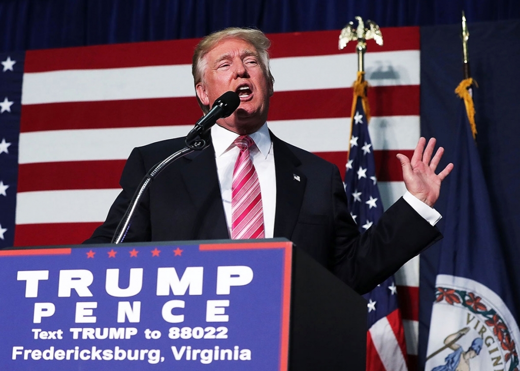 Republican presidential nominee Donald Trump speaks to voters during a campaign rally at Fredericksburg Expo Center