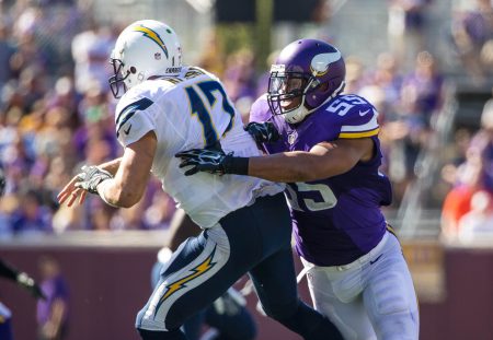 Minnesota Vikings linebacker Anthony Barr hits San Diego Chargers quarterback Philip Rivers. Mandatory Credit Brace Hemmelgarn-USA TODAY Sports