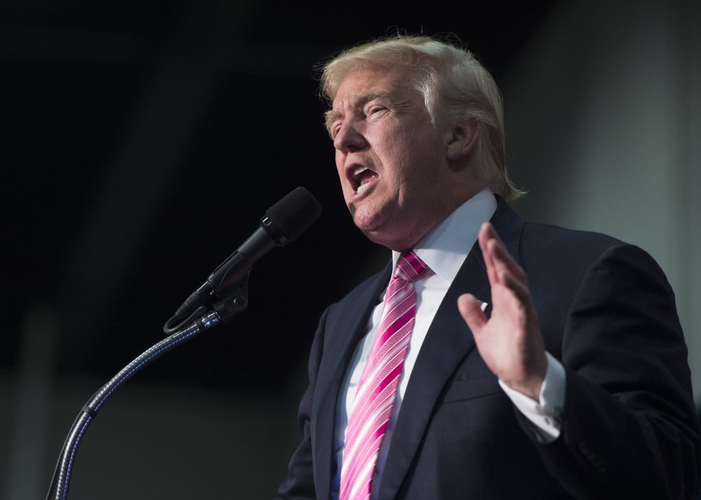 Republican presidential nominee Donald Trump addresses a campaign event at Fredericksburg Expo Center