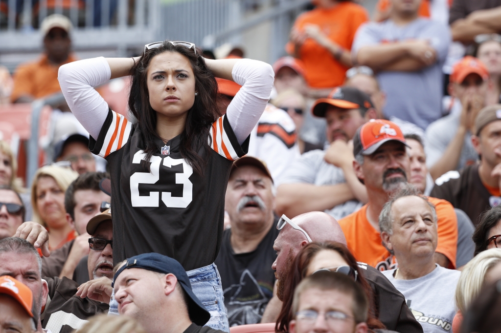 CLEVELAND OH- SEPTEMBER 18 A Cleveland Browns fan reacts in the fourth quarter of the game against the Baltimore Ravens at First Energy Stadium