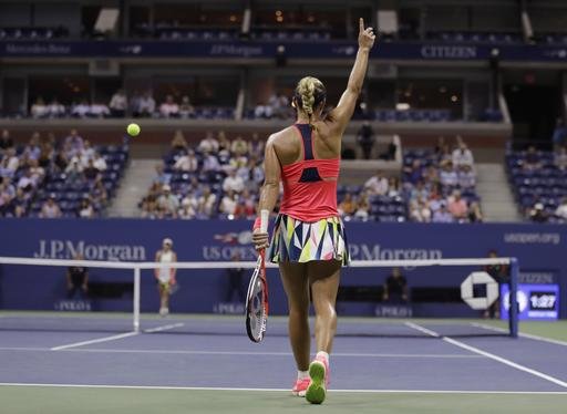 Angelique Kerber of Germany reacts after defeating Caroline Wozniacki of Denmark during the semifinals of the U.S. Open tennis tournament Thursday Sept. 8 2016 in New York