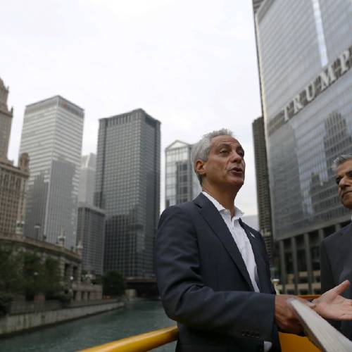 Rahm Emanuel left shows the city's architecture to London mayor Sadiq Khan during a boat ride Friday Sept. 16 2016 in Chicago. During Khan's visit in Chicago he was seeking to reassure American investors tourists and