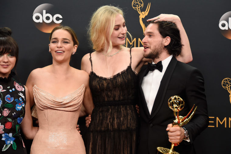 Actors Maisie Williams Emilia Clarke Sophie Turner and Kit Harington winners of Best Drama Series for'Game of Thrones, pose in the press room during the 68th Annual Primetime Emmy Awards at Microsoft Theater in Los Angeles