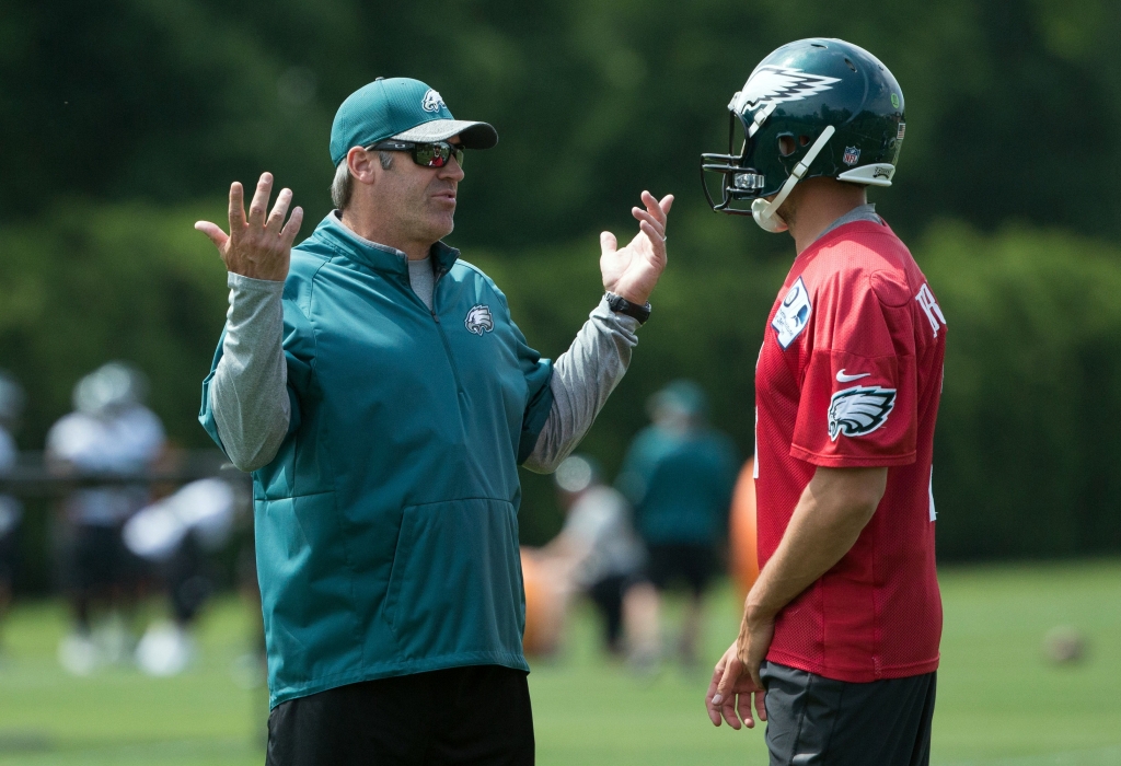 Philadelphia PA USA Philadelphia Eagles head coach Doug Pederson talks with quarterback Sam Bradford during OTS's at the Nova Care Complex. Mandatory Credit Bill Streicher-USA TODAY Sports