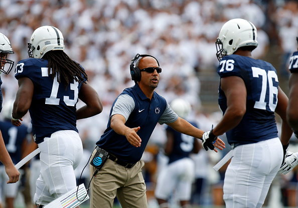 STATE COLLEGE PA- SEPTEMBER 17 James Franklin of the Penn State Nittany Lions celebrates after a 52 yard touchdown pass in the first half during the game against the Temple Owls