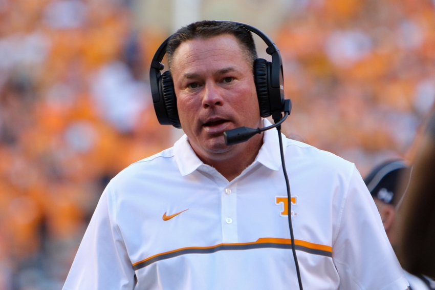 Oct 15 2016 Knoxville TN USA Tennessee Volunteers head coach Butch Jones looks on during the second half against the Alabama Crimson Tide at Neyland Stadium. Mandatory Credit Randy Sartin-USA TODAY Sports