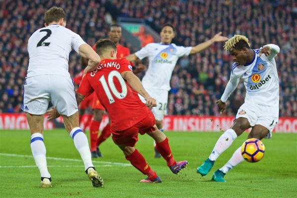 Liverpool's Philippe Coutinho Correia gets injured against Sunderland during the FA Premier League match at Anfield