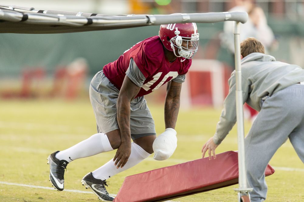 Alabama linebacker Reuben Foster works through drills during Alabama football practice Monday Nov. 21 2016 at the Thomas Drew Practice Fields in Tuscaloosa Ala