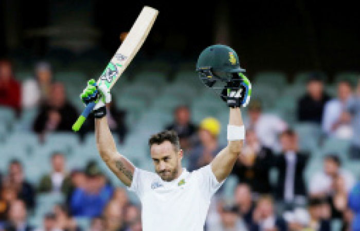 South Africa’s captain Faf du Plessis celebrates his century during the first day of the third Test cricket match against Australia in Adelaide Thursday. — Reuters