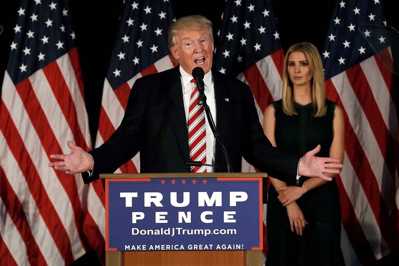 Republican presidential nominee Donald Trump speaks at a campaign event in Aston