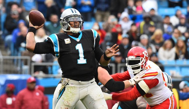 Nov 13 2016 Charlotte NC USA Carolina Panthers quarterback Cam Newton looks to pass as Kansas City Chiefs outside linebacker Tamba Hali pressures in the fourth quarter. The Chiefs defeated the Panthers 20-17 at Bank of America Stadium