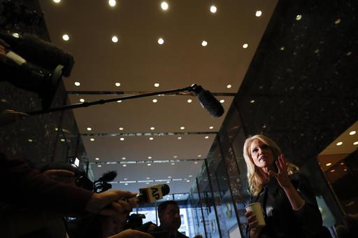 President-elect Donald Trump's campaign manager Kellyanne Conway speaks to media in the lobby of Trump Tower Monday Nov. 21 2016 in New York. AP