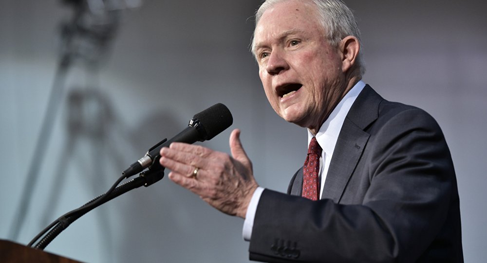 Senator Jeff Sessions R-AL speaks at a rally for Republican presidential nominee Donald Trump at Ambridge Area Senior High School