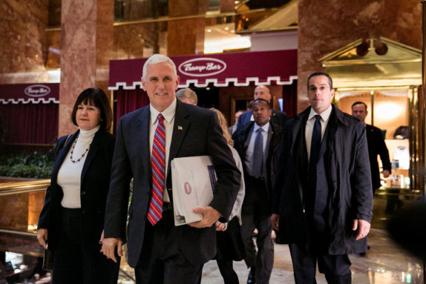 Vice President-elect Mike Pence arrived at Trump Tower in Manhattan on Tuesday. Credit Sam Hodgson for The New York Times