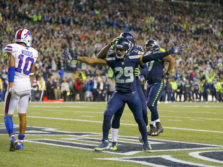 Earl Thomas celebrates after helping break up a touchdown play in the final moments to give Seattle a 31-25 win over the Buffalo Bills