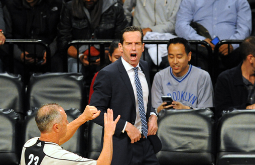 11/04/16 Charlotte Hornets vs Brooklyn Nets at barclays center brooklyn ny Brooklyn Nets head coach Kenny Atkinson reacts after a call in the 1st half tonite