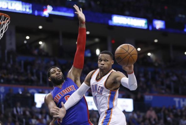 Oklahoma City Thunder guard Russell Westbrook passes