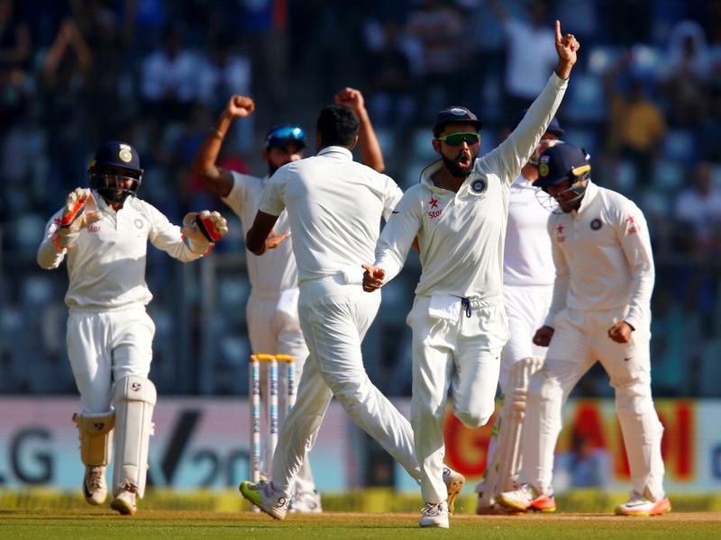 Team India celebrates the fall of a wicket on Monday