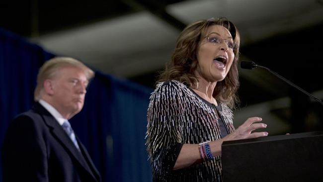 Former Alaska governor Sarah Palin endorses Republican presidential candidate Donald Trump during a rally at the Iowa State University