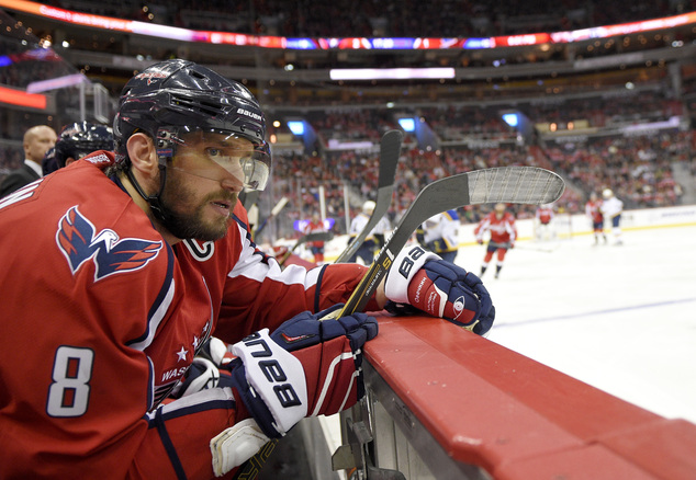 Washington Capitals left wing Alex Ovechkin, of Russia looks on from the bench during the third period of an NH