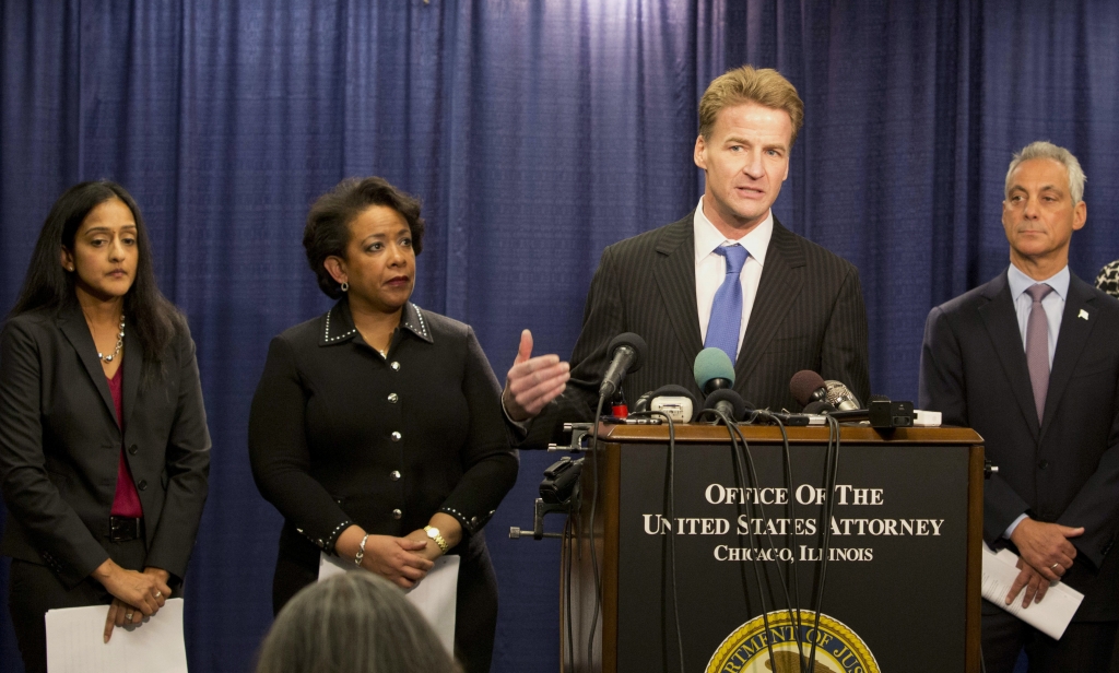 U.S. Attorney Zachary T. Fardon of the Northern District of Illinois speaks during a news conference accompanied by Principal Deputy Assistant Attorney General Vanita Gupta left Attorney General Loretta Lynch and Chicago Mayor Rahm Emanuel Friday Jan