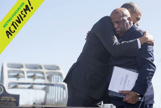 U.S. President Barack Obama hugs US Representative John Lewis Democrat of Georgia one of the original marchers at Selma during an event marking the 50th Anniversary of the Selma to Montgomery civil rights marches at the Edmund Pettus Bridge in Selm