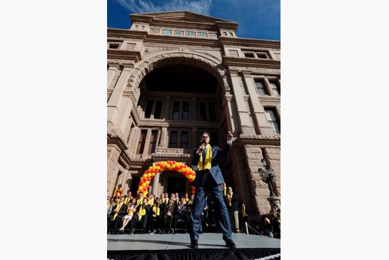 Lt. Gov. Dan Patrick speaks during a rally in support of school choice on the steps of the Texas Capitol Tuesday Jan. 24 2017 in Austin Texas. The Texas governor and the Bush family's rising political star have added muscle to a rally supporting scho